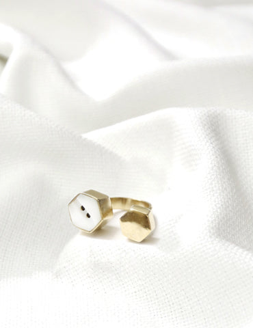 This gold plated open ring is made using rare hexagon-shaped mother of pearl shell buttons