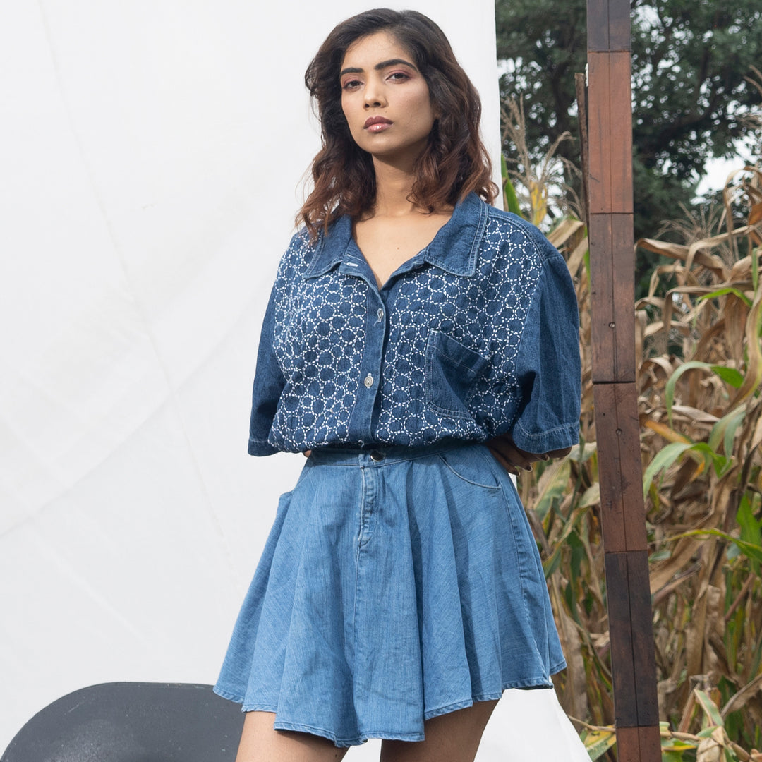 boxy denim shirt hand emroidered with kantha or sashiko.