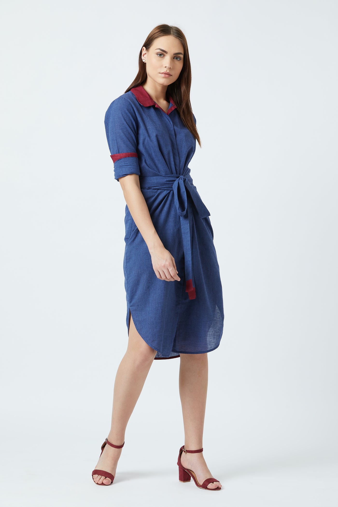 shirt dress with contrasting red collar and cuff details and side pockets
