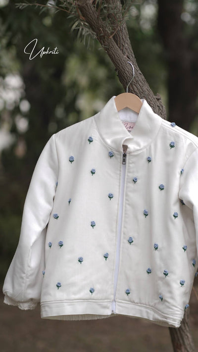 Unisex White Floral Woolen Jacket