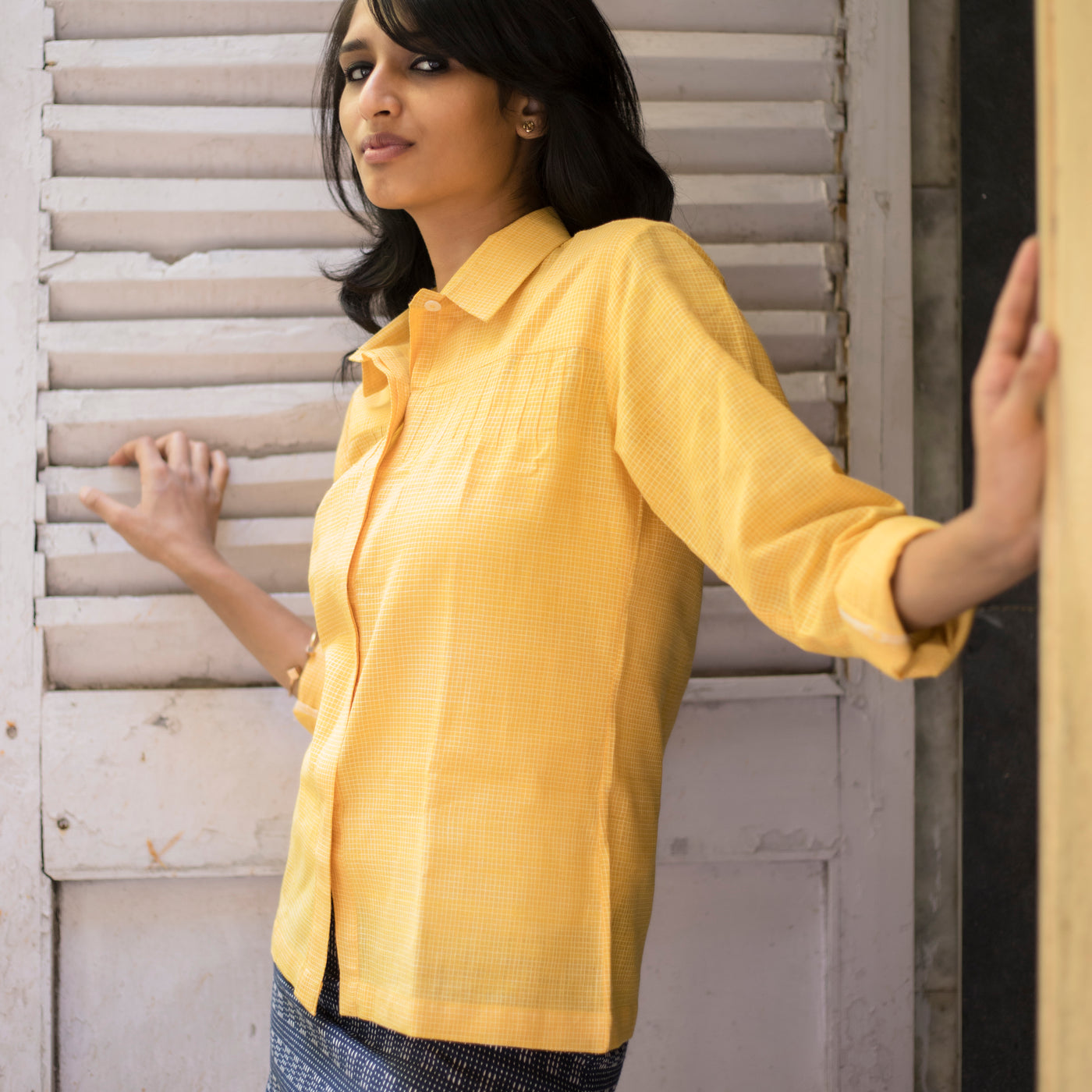 yellow coloured khadi collar shirt