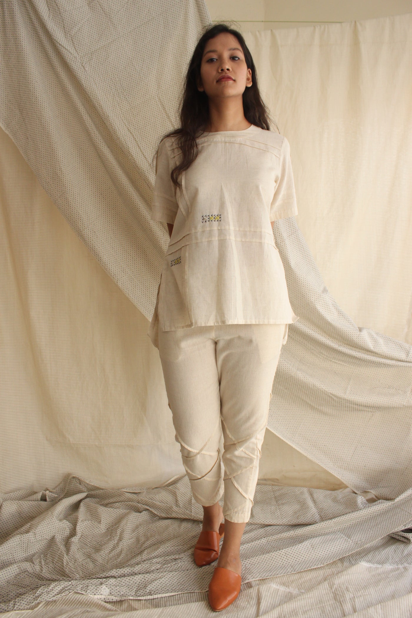Boxy fit white top with full length white pants