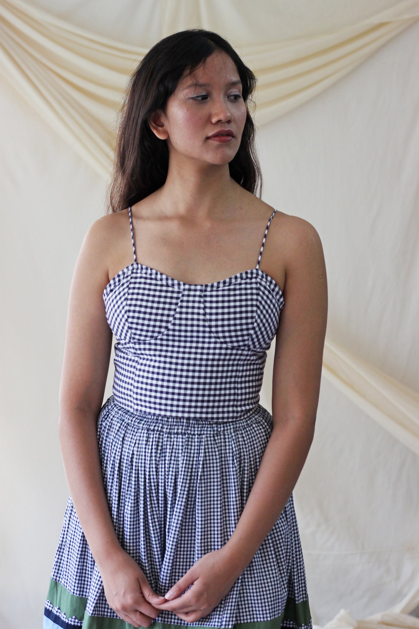 checkered pattern blue and white bustier