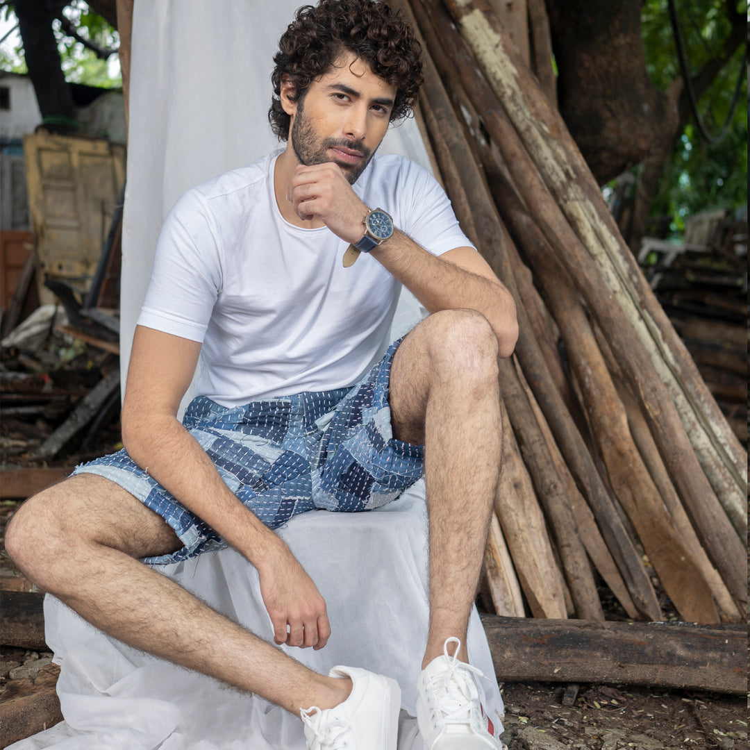 hand embroidered sustainable shorts in shades of blue