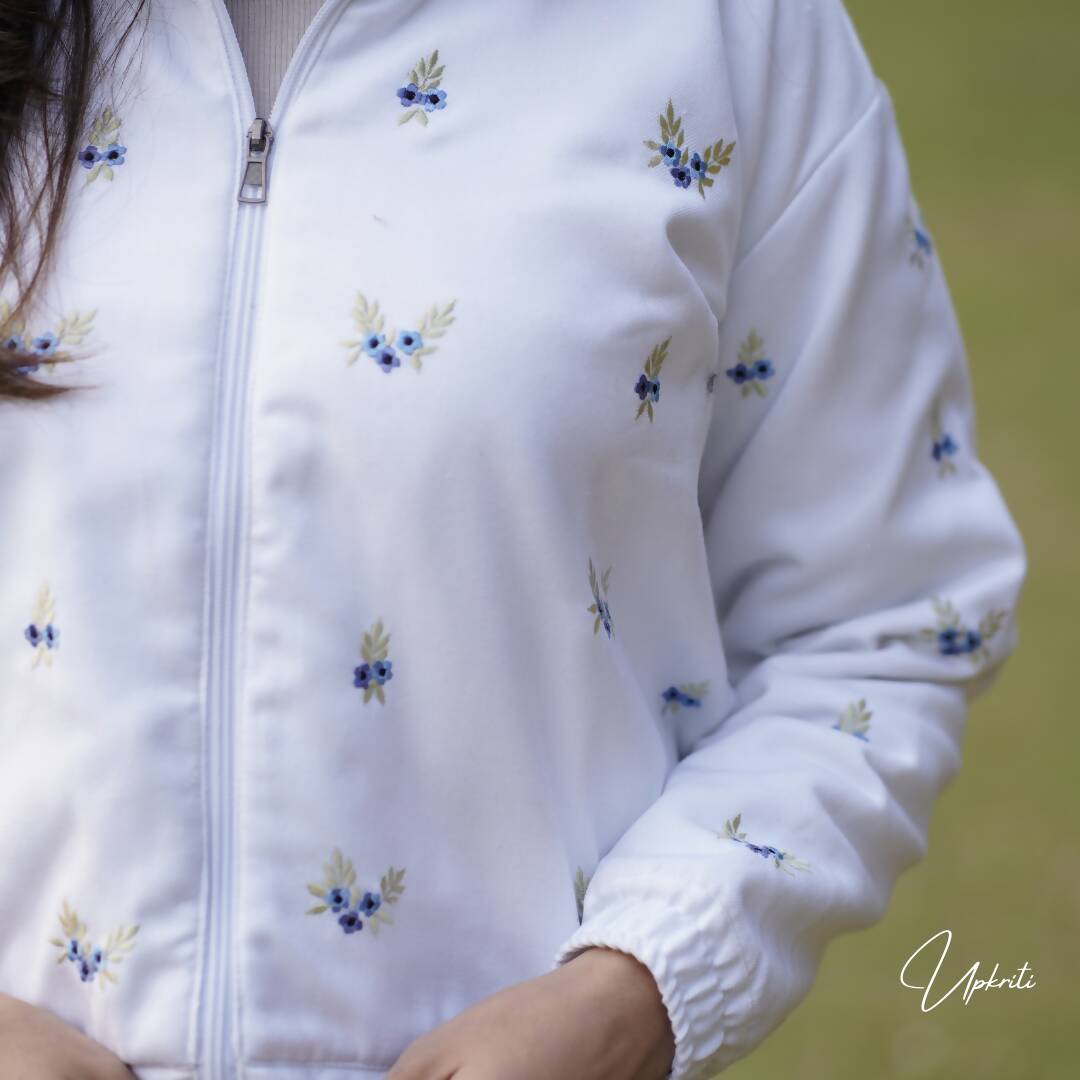 White Floral Embroidered Woolen Jacket