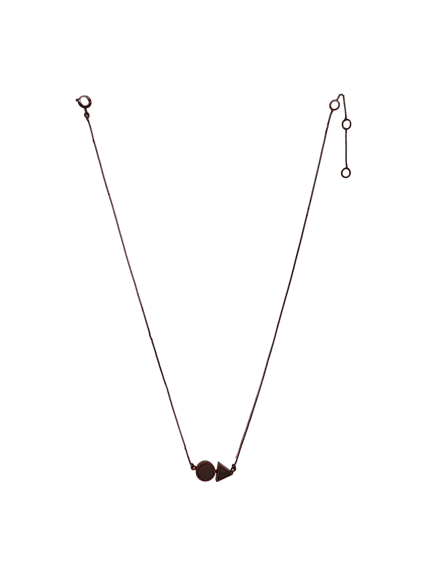 deep red pendant consists of a triangle and a circle placed on a 16 inch adjustable chain.