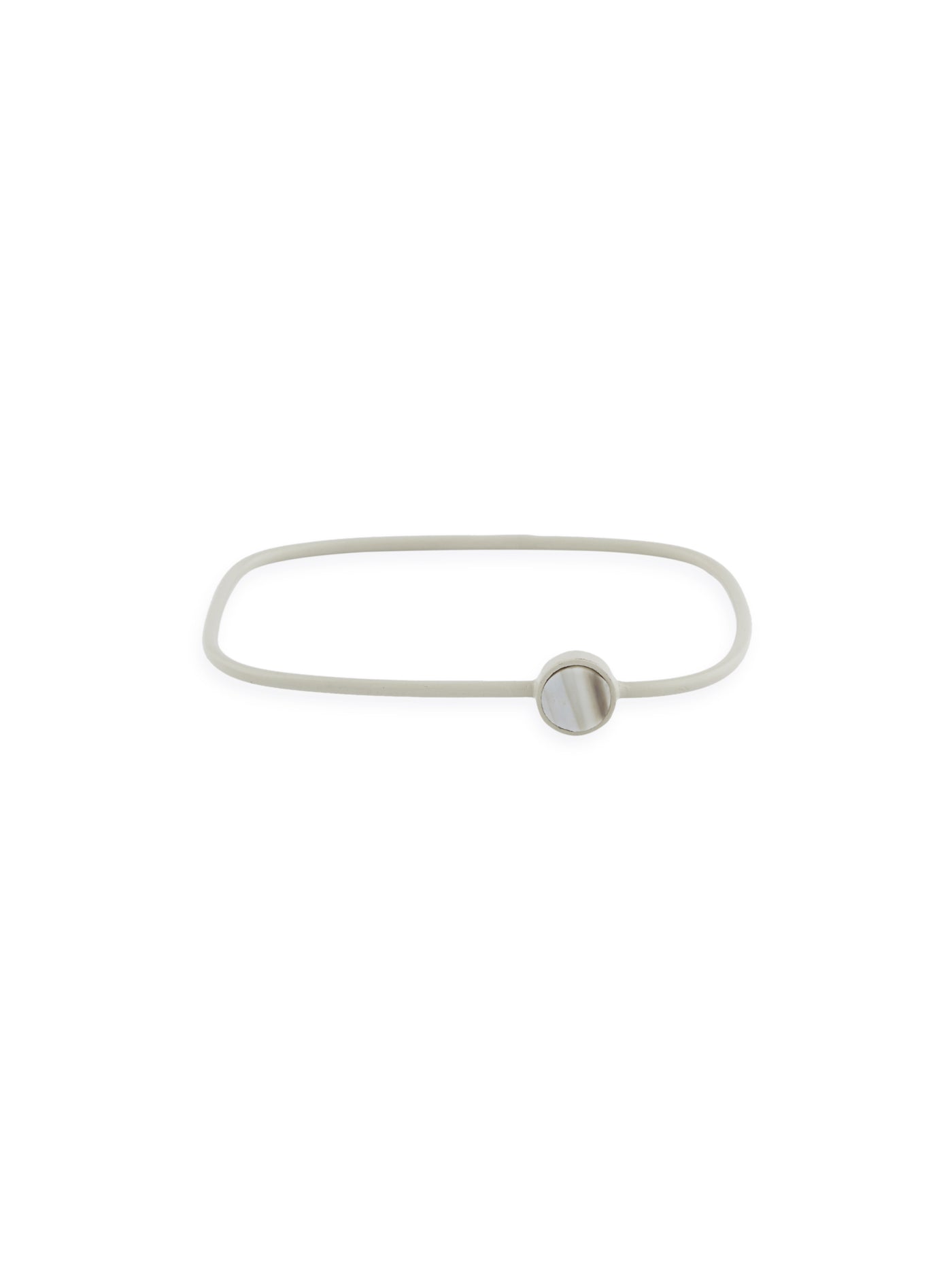 square shaped grey bangle with a circle shaped charm on it.