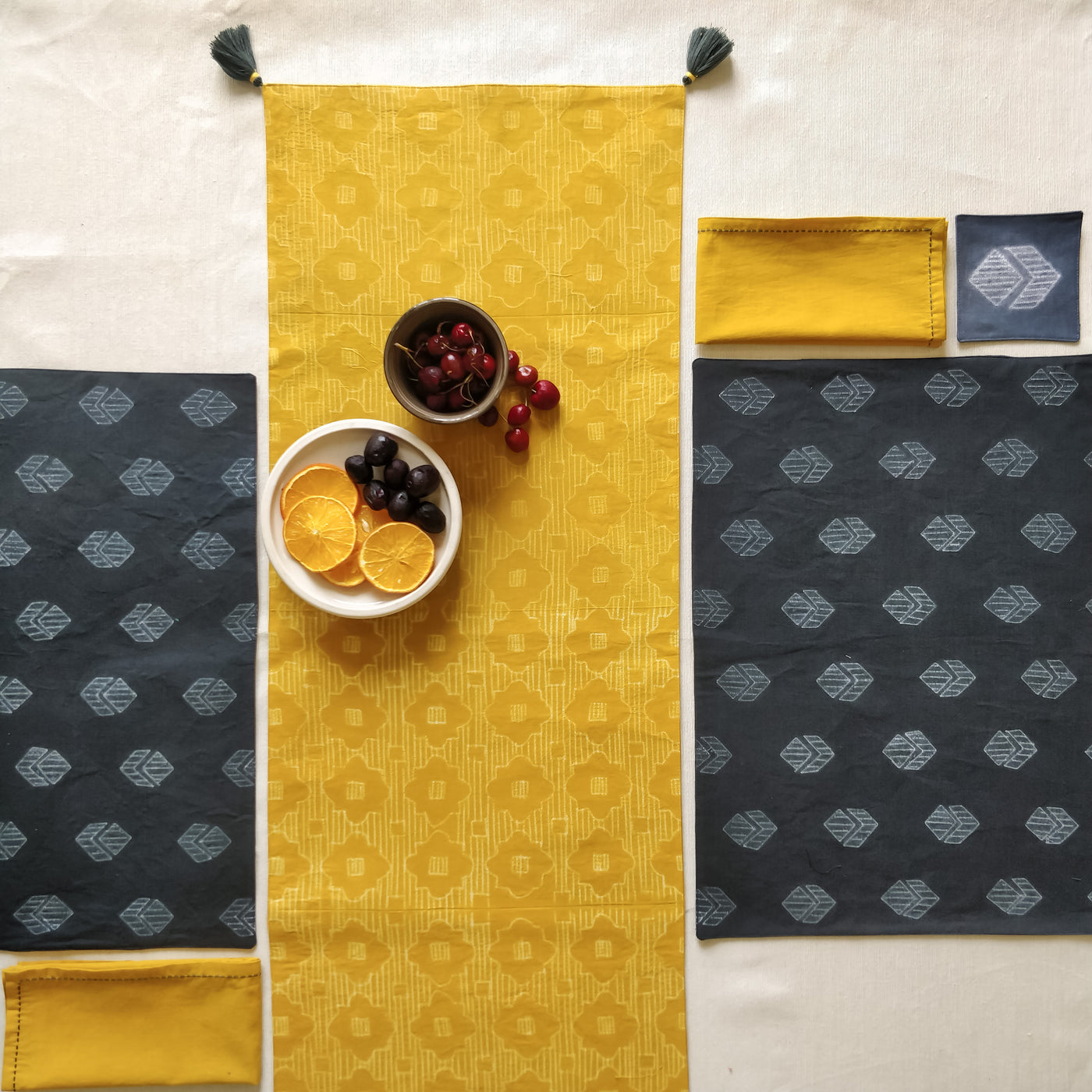 Table Linen Set - Charcoal Grey and Yellow