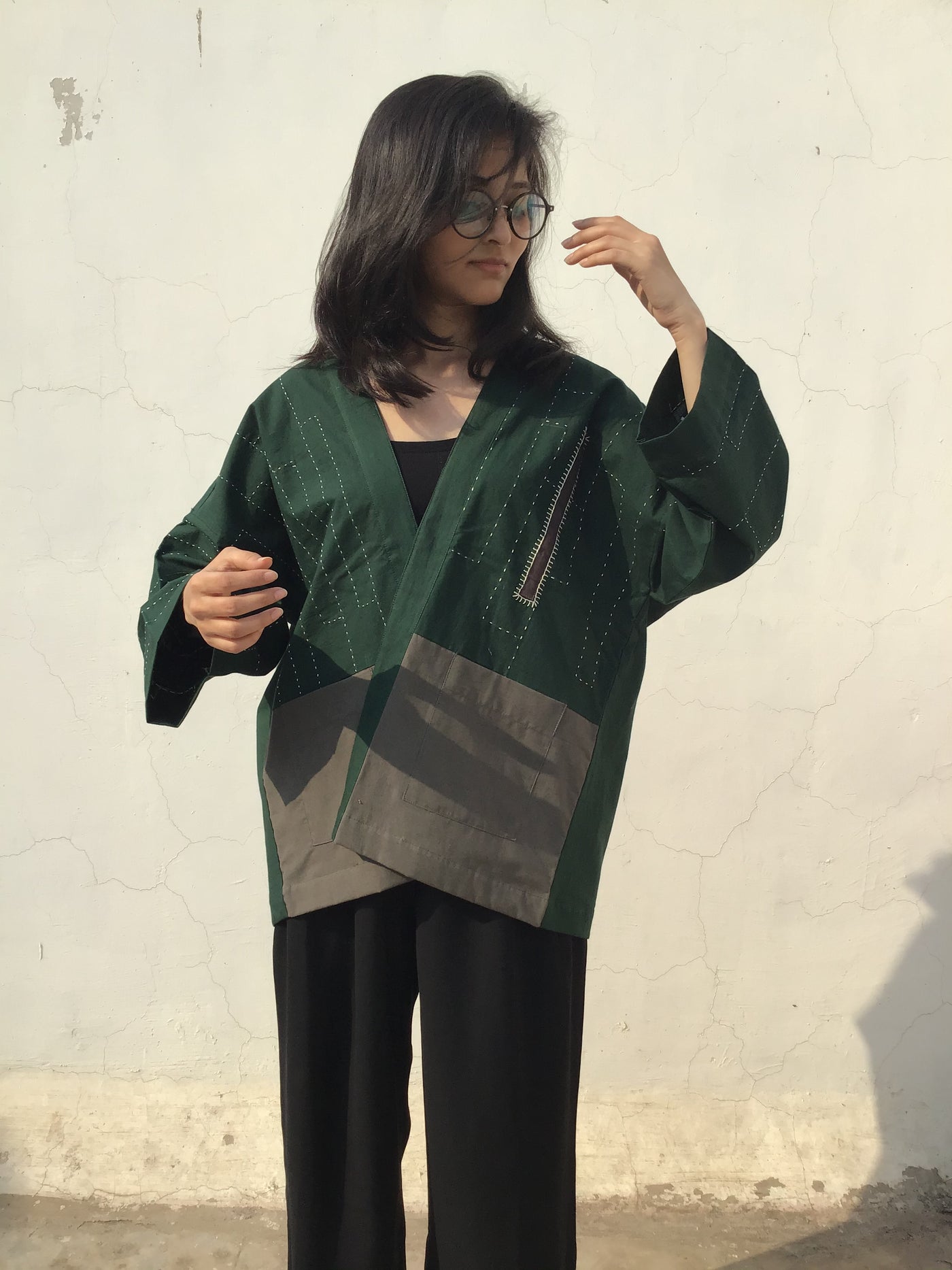 Dark Green Kimono with kantha hand embroidery, prints and imperfect lines.