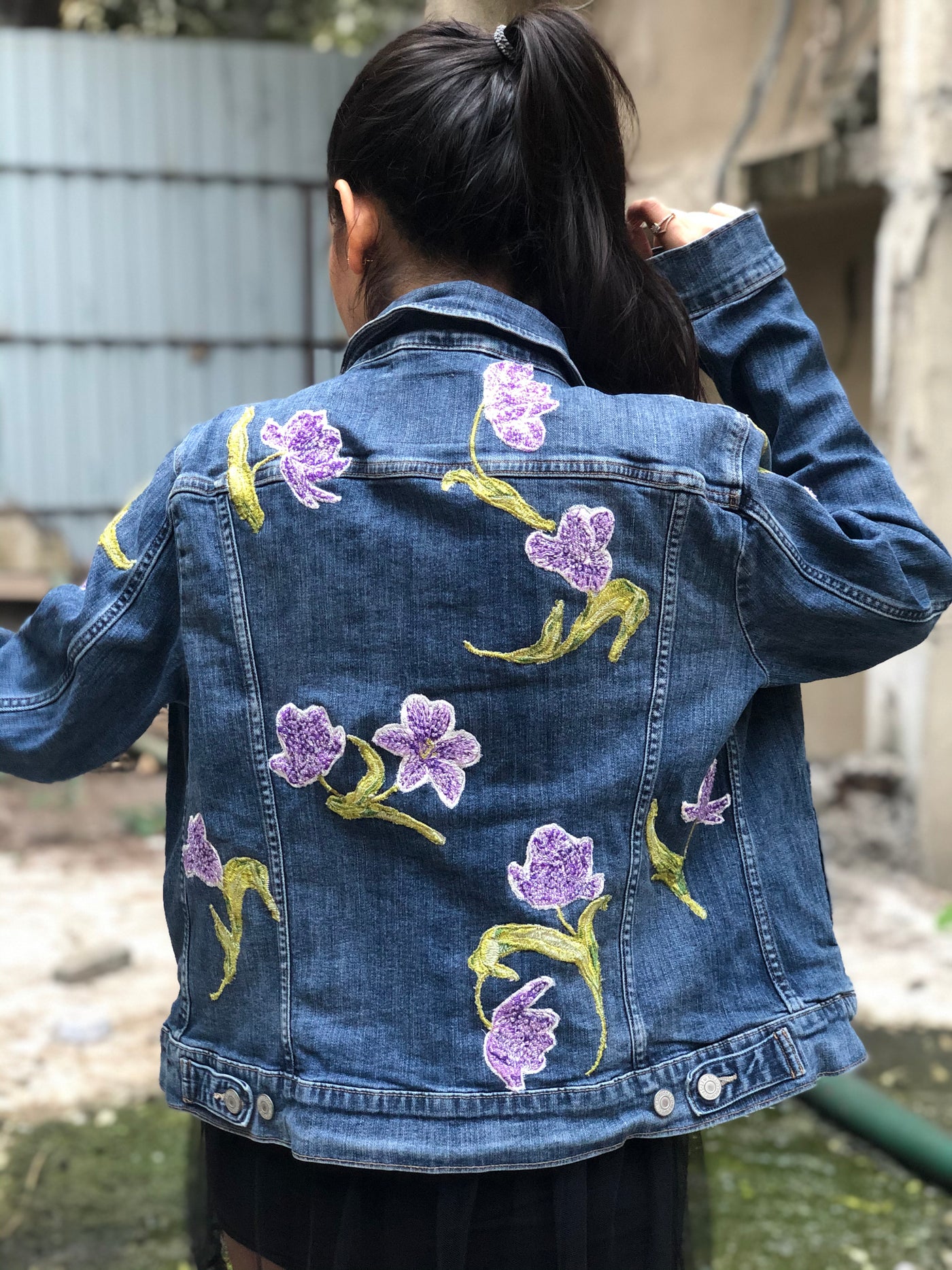 Embroidered purple flower jean jacket is inspired by the spring blooms
