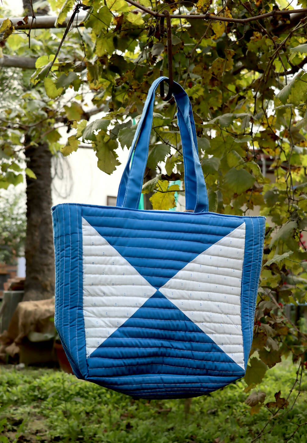 Blue-White Quilted Tote Bag