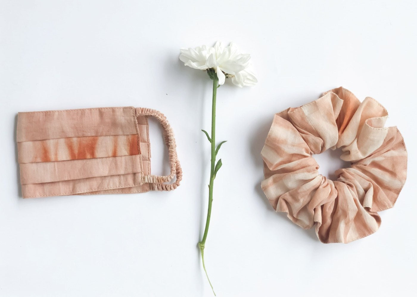 Two-ply, naturally dyed mask and scrunchie set made from fabric remnants. organic cotton lining