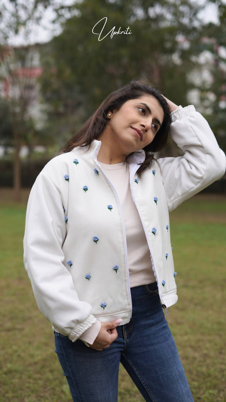 Unisex White Floral Woolen Jacket