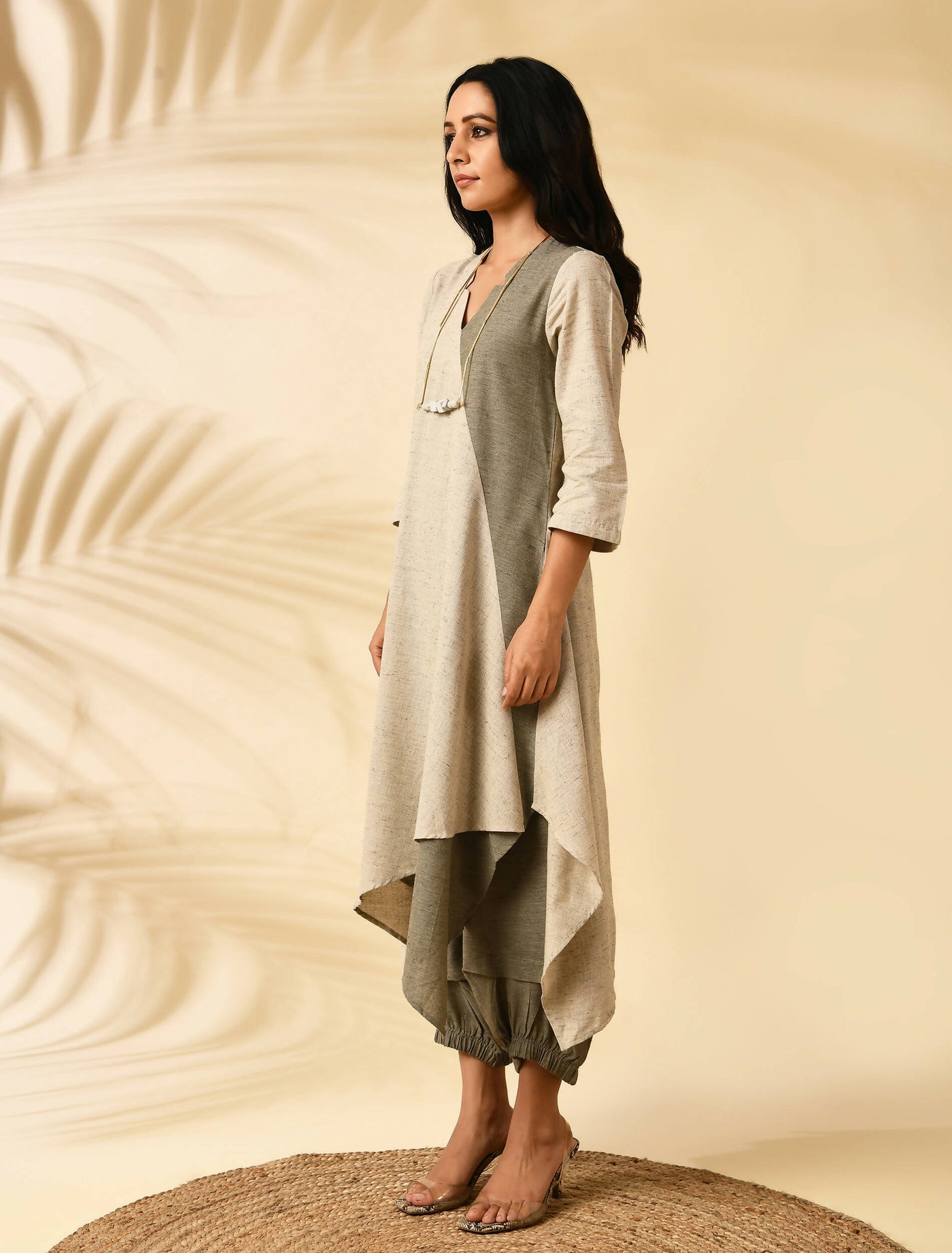 Olive Green and Beige Tunic Dress