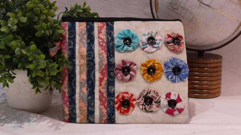 Stripe-Printed Flower Pouch
