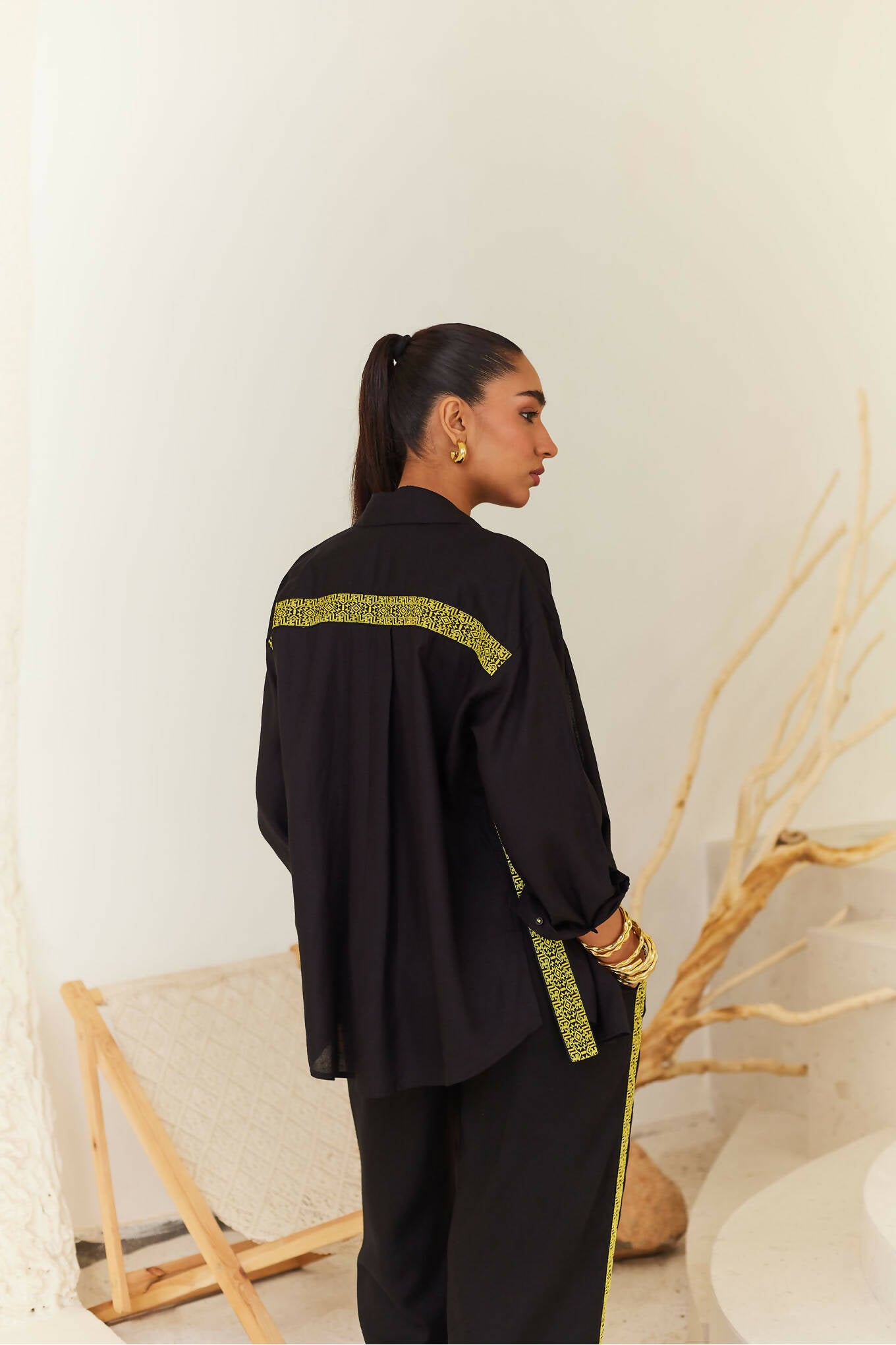 Black Linen Shirt With Lace Detail