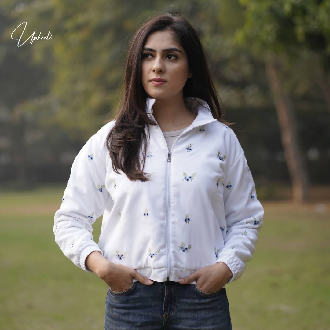 White Floral Embroidered Woolen Jacket