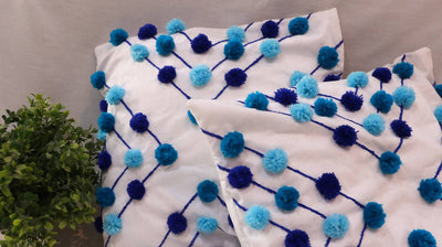 Blue Pompom Cushion Cover Set
