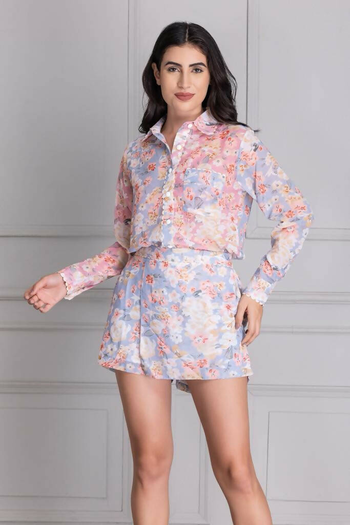 Pinkish Blue Chiffon Printed Skort Set