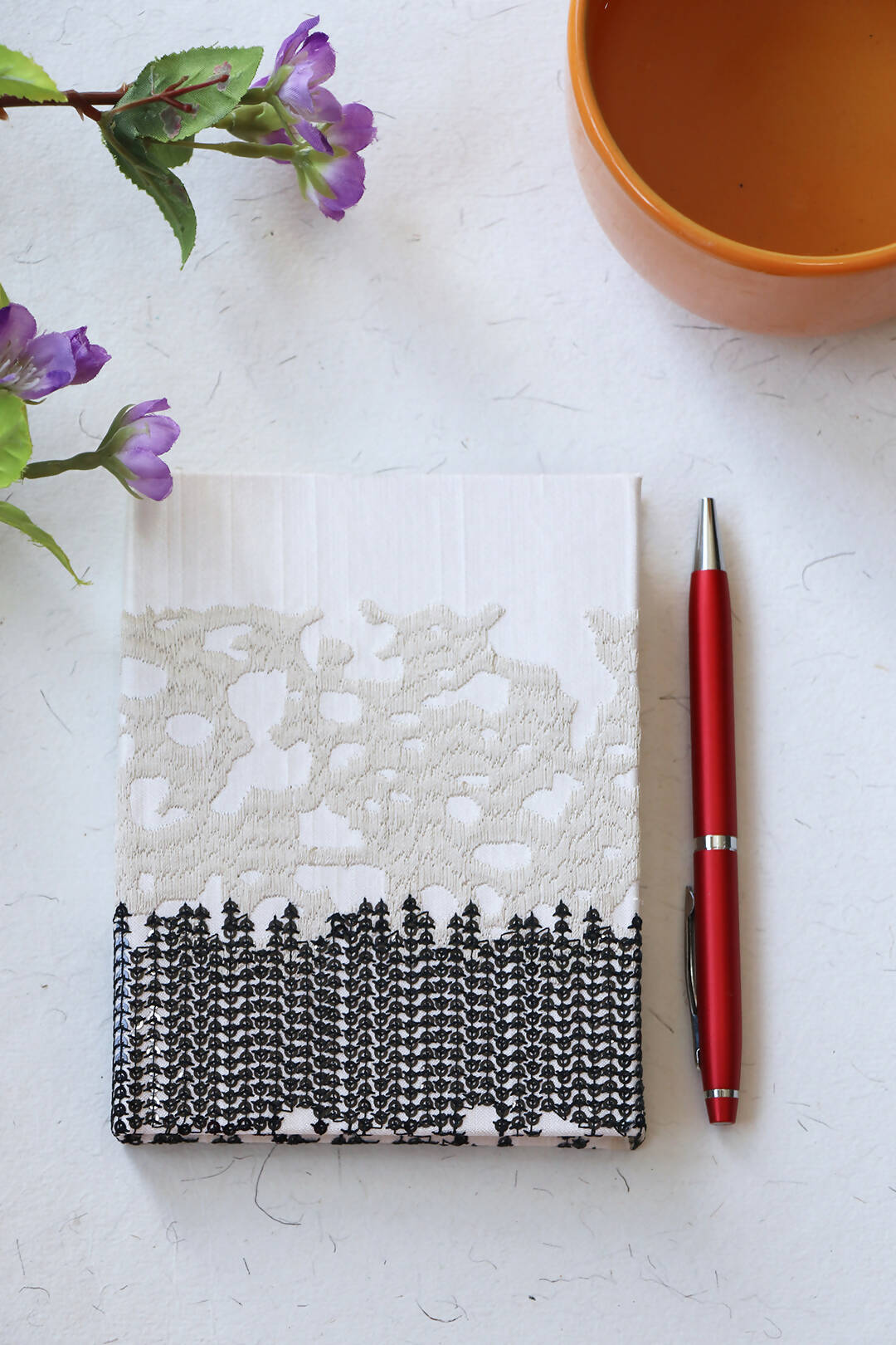 White With Black Embroidery Mini Notebook