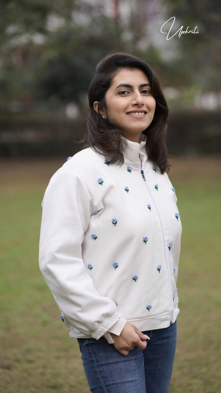 Unisex White Floral Woolen Jacket