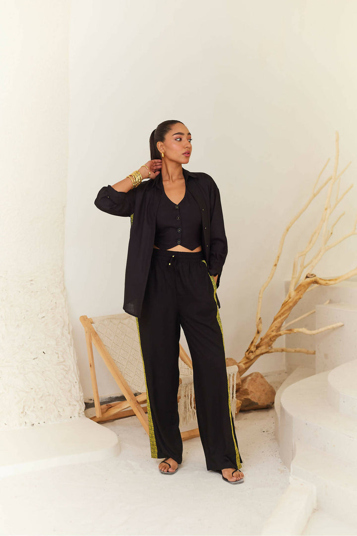 Black Linen Shirt With Lace Detail